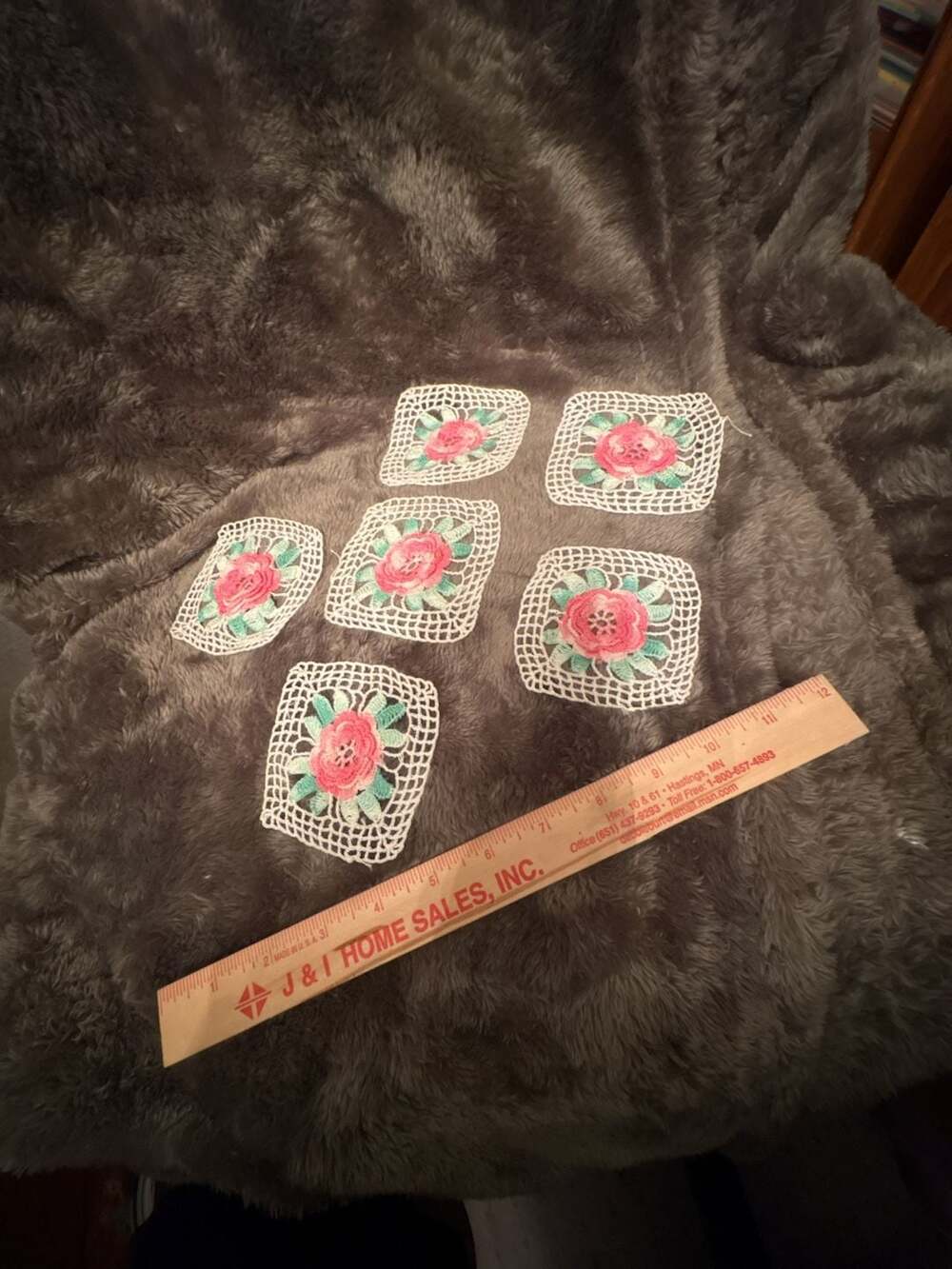 Vintage Handmade Crochet Square Doilies Set Of 6 Pink Rose Floral White